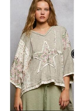 POL Distressed Multi Star Sage patchwork boho Hippie Dolman Top Shirt Boho Sz L